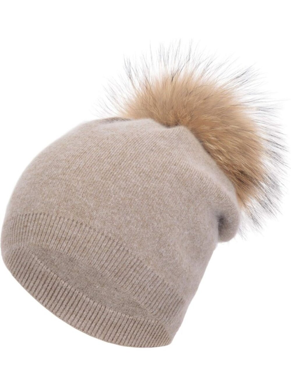 Cozy Double Layer Slouchy Knit Beanie Hat with Real Fur Pom Pom for Winter